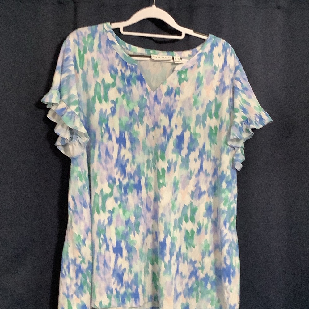 Susan Graver Blue & Green V-Neck Ruffle Sleeve Blouse